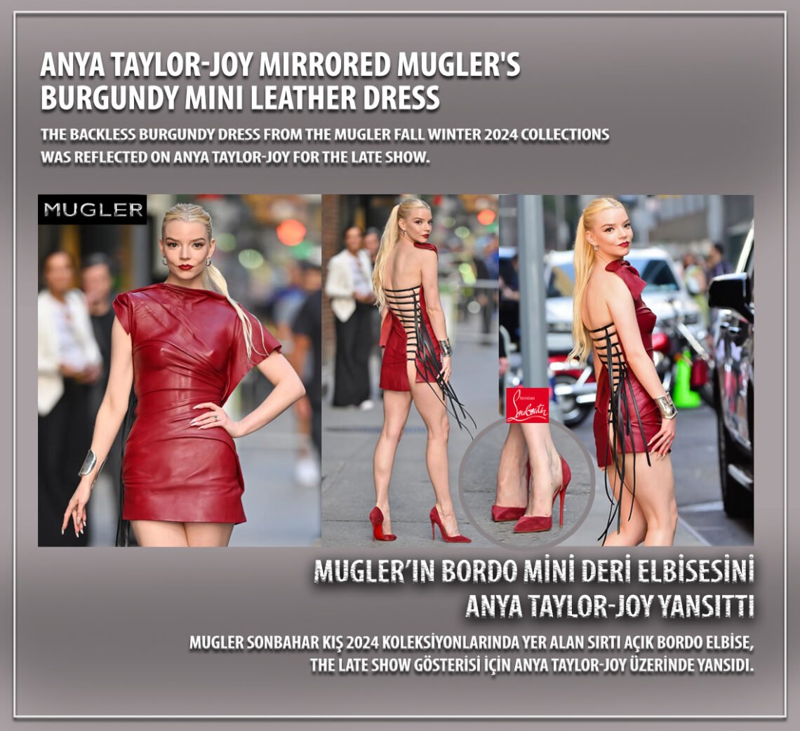 Аня Тейлор-Джой зеркально отразила бордовое кожаное мини-платье Mugler